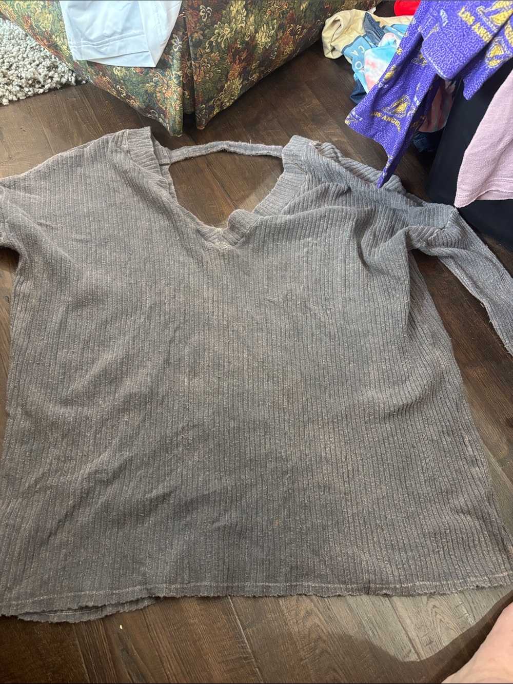 Women's Taupe Ribbed V-Neck Long Sleeve Top